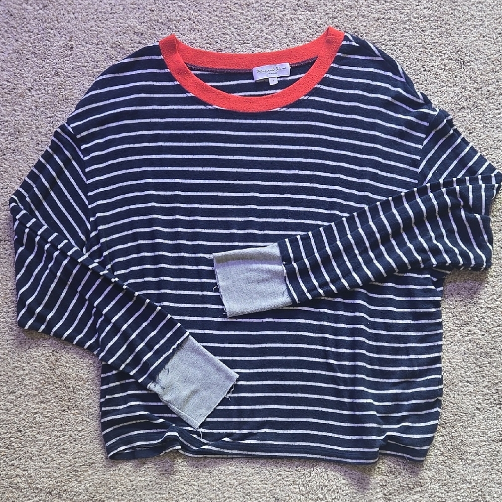 Michael Stars Blue and Red Crewneck Sweater with Striking Stripes